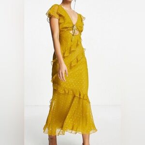 ASOS Curve Yellow Ruffle Midi Dress with Subtle Dot Print